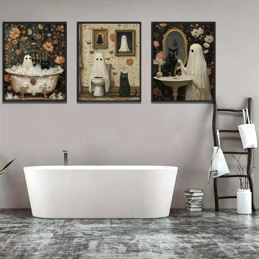 three piece bathroom canvas with ghost and black cat in a bathtub