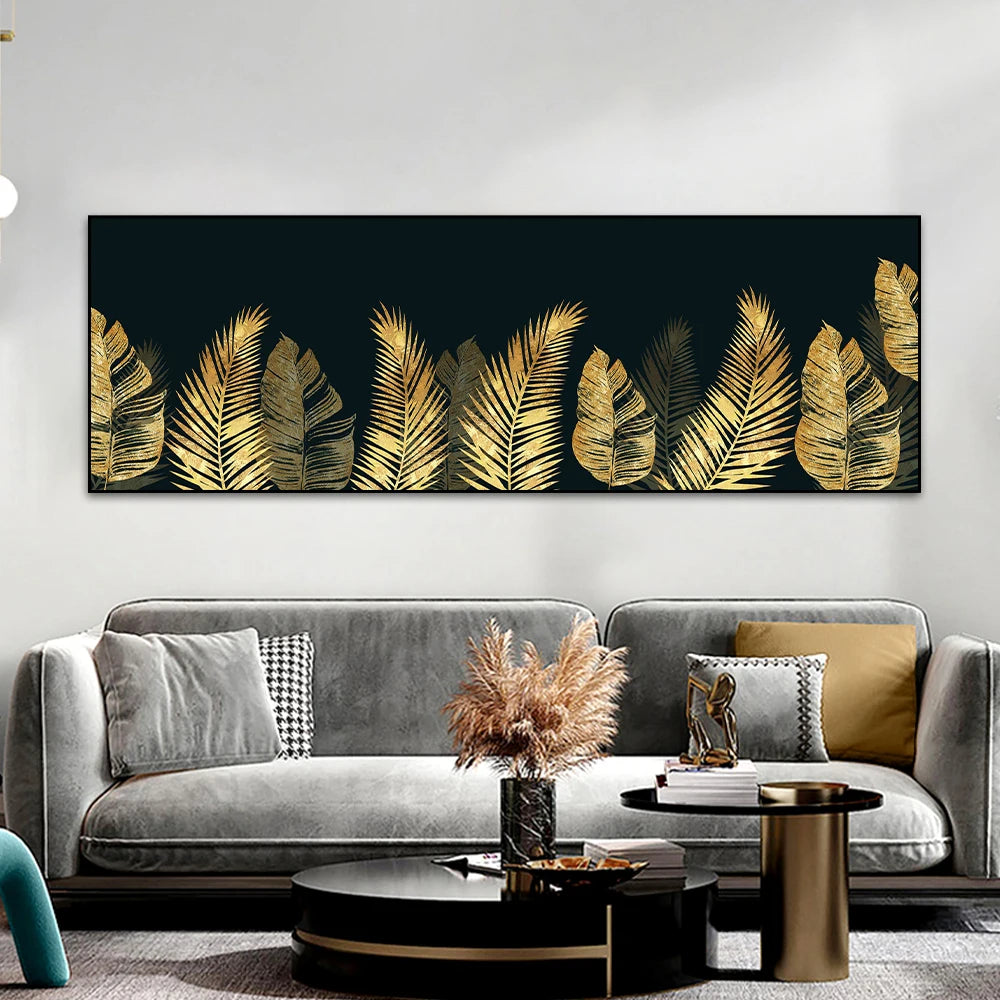 Black and gold monstera and ginkgo leaves botanical canvas wall art