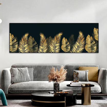 Black and gold monstera and ginkgo leaves botanical canvas wall art