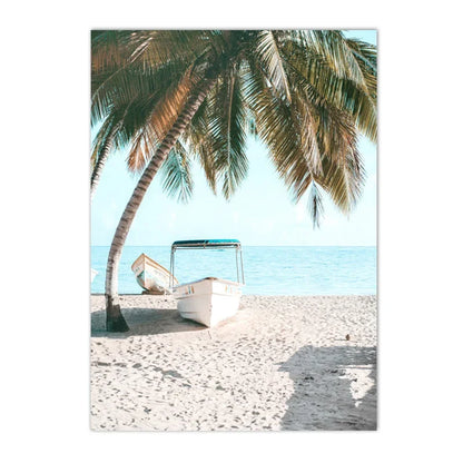 swan with surfboard under coconut tree tropical beach canvas wall art