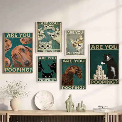 Funny cats and dogs “Are You Pooping?” bathroom canvas wall art