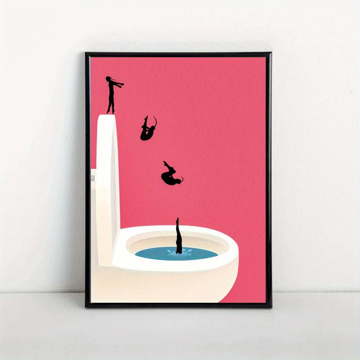 frameless vintage pink bathroom canvas with girls jumping into a toilet