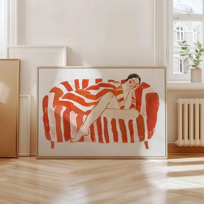 modern line art woman over red and orange striped background canvas