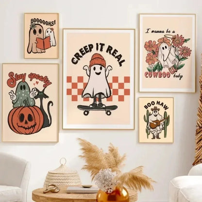 Vintage ghost and pumpkin Halloween “Creep It Real” canvas wall art