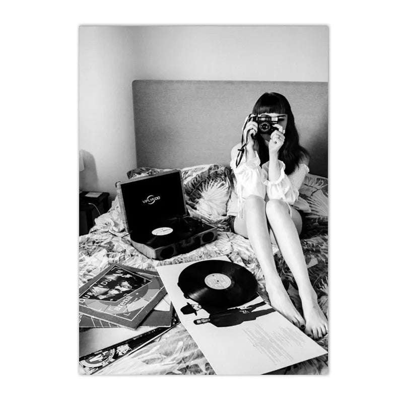 black and white vintage canvas with record camera and typewriter