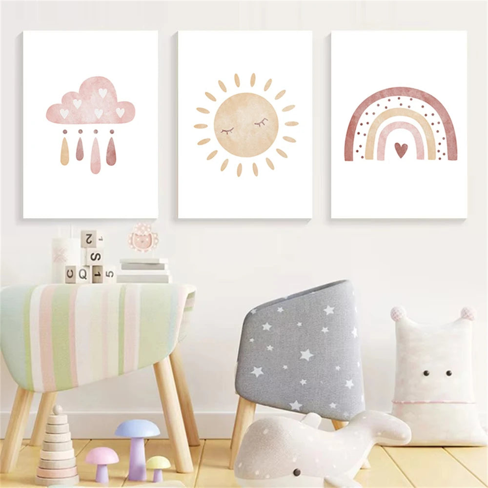sun cloud heart rainbow boho Nordic kids canvas wall art