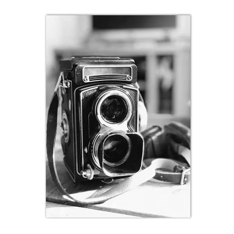 black and white vintage canvas with record camera and typewriter