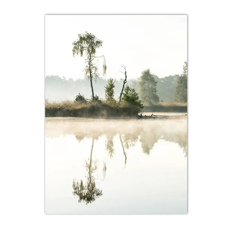 spring lake sunrise with reed grass and tree Nordic canvas wall art