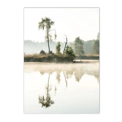 spring lake sunrise with reed grass and tree Nordic canvas wall art