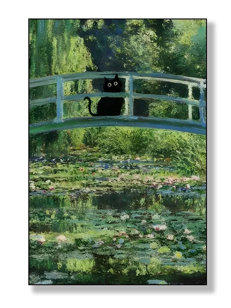 black cat with impressionist water lilies canvas wall art