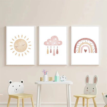 sun cloud heart rainbow boho Nordic kids canvas wall art