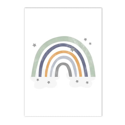 earth with spaceship, moon, stars and rainbow kids canvas wall art