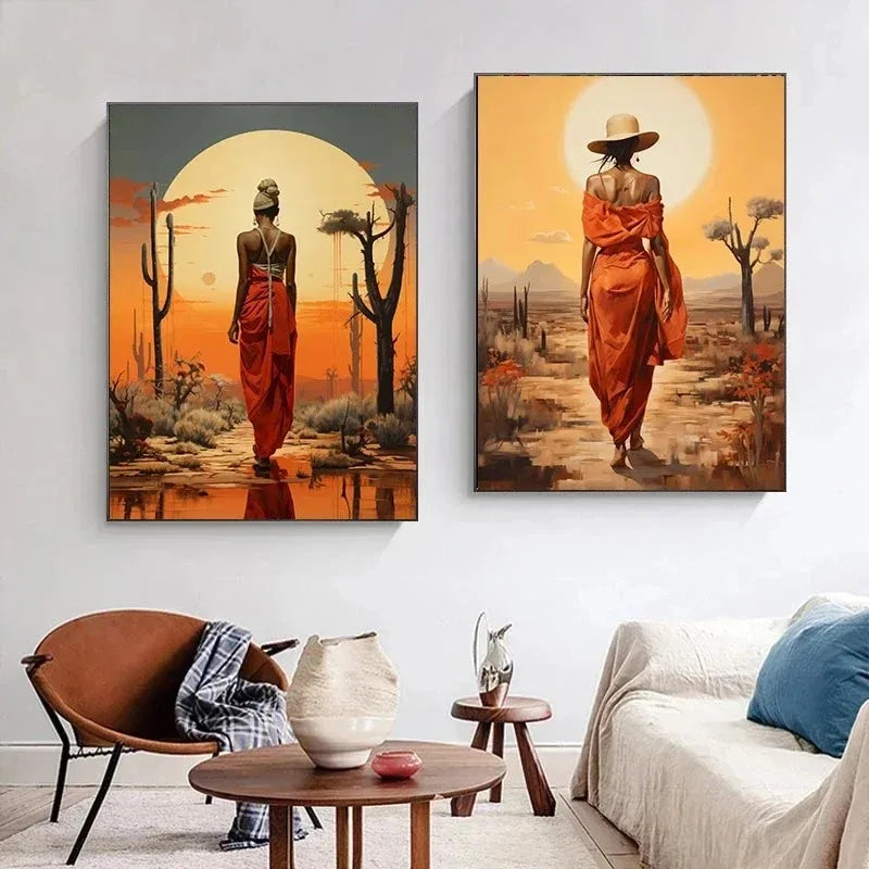 elegant portraits of african women with sun motifs on canvas