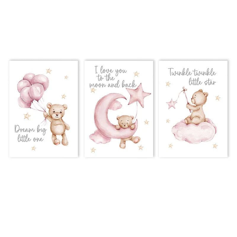 pink cartoon star moon bear nordic nursery canvas