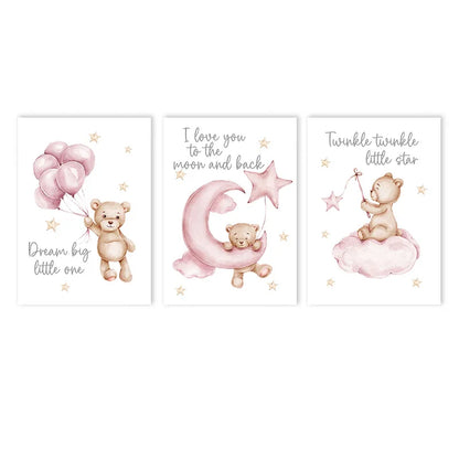 pink cartoon star moon bear nordic nursery canvas