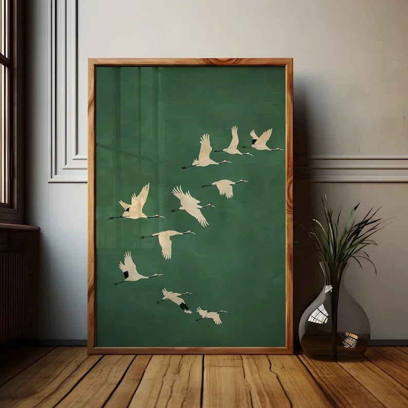 vintage japanese flying crane elegant bird canvas