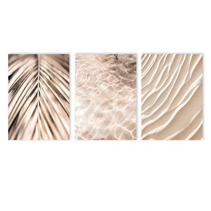 minimalist nordic beige beach scene with palm leaf on canvas