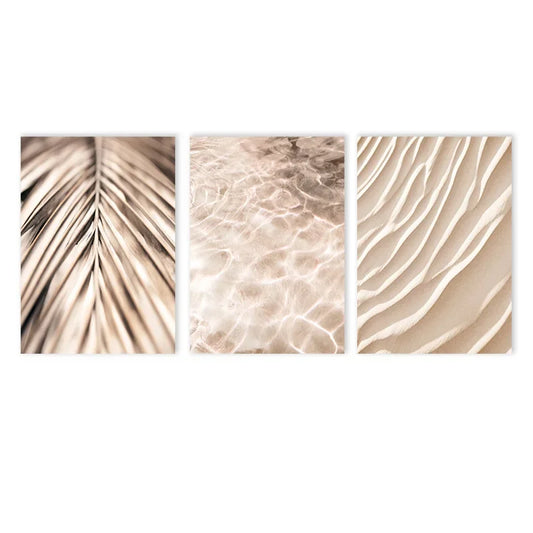 minimalist nordic beige beach scene with palm leaf on canvas