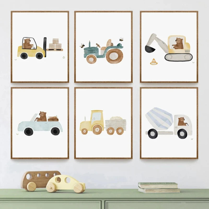 Cartoon Bear Construction Vehicle Canvas Art