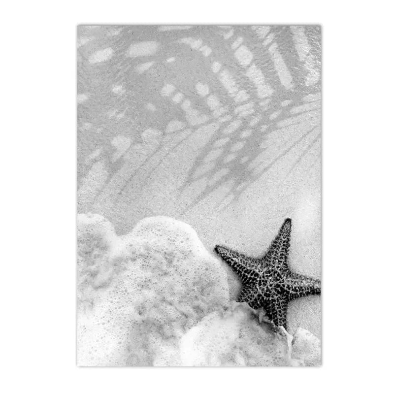 black and white starfish beach with palm tree sun and sea nordic canvas