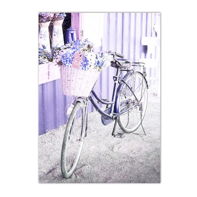 lavender dreamscape canvas with tree blossoms flower girl door bike and car