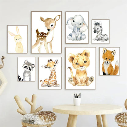 nordic baby animals lion elephant fox deer on nursery canvas
