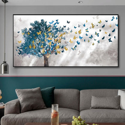 Abstract blue trees with butterfly Nordic canvas wall art