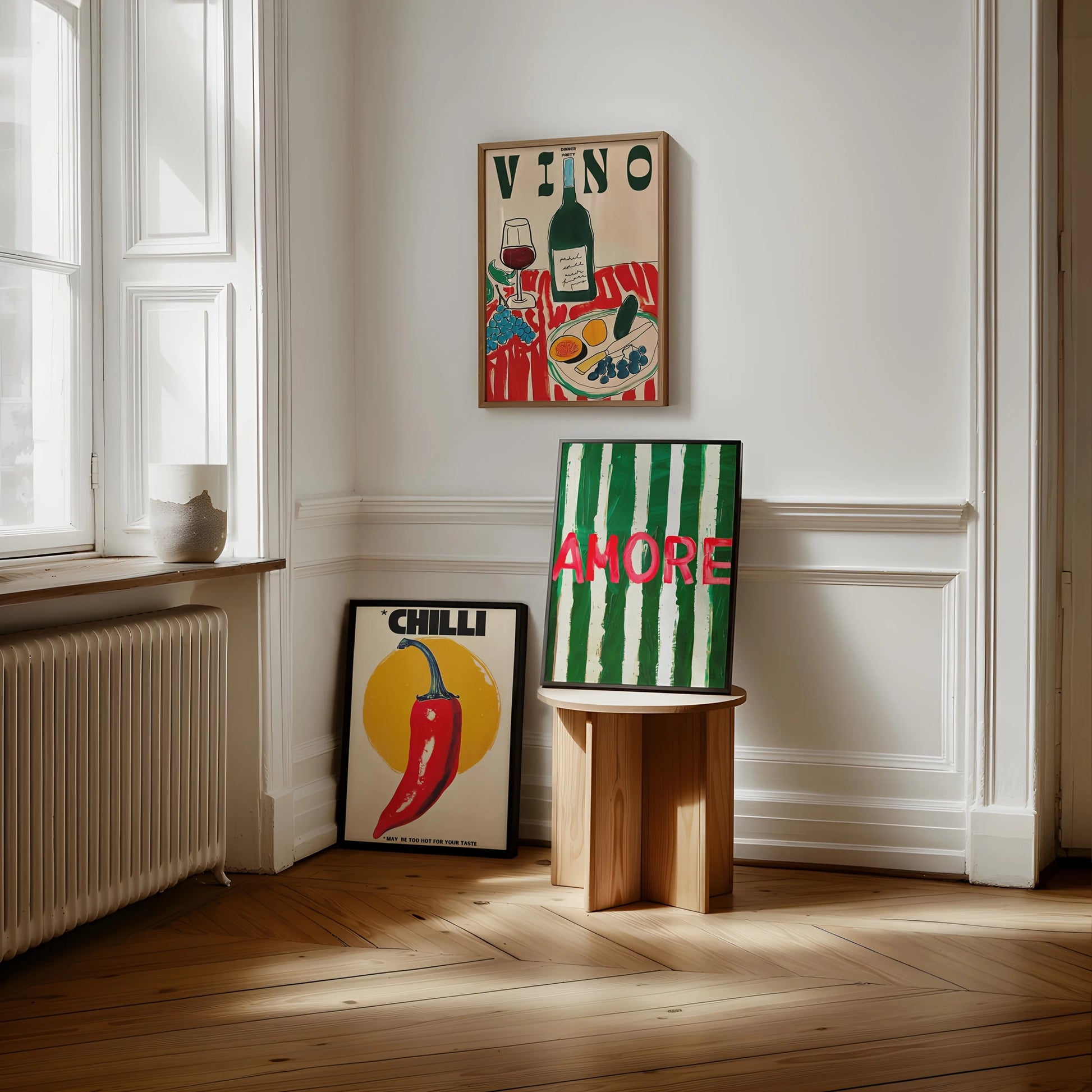 vintage amore vino wine glass chili dopamine unframed triptych canvas