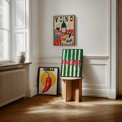 vintage amore vino wine glass chili dopamine unframed triptych canvas