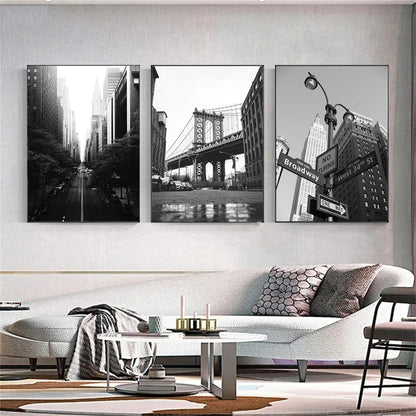 black and white new york themed still life canvas with guitar and camera