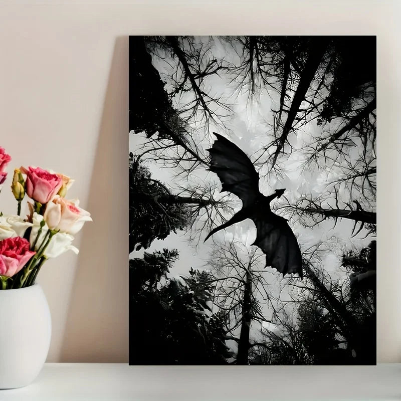 dark fantasy dragon flying over monochrome forest frameless canvas