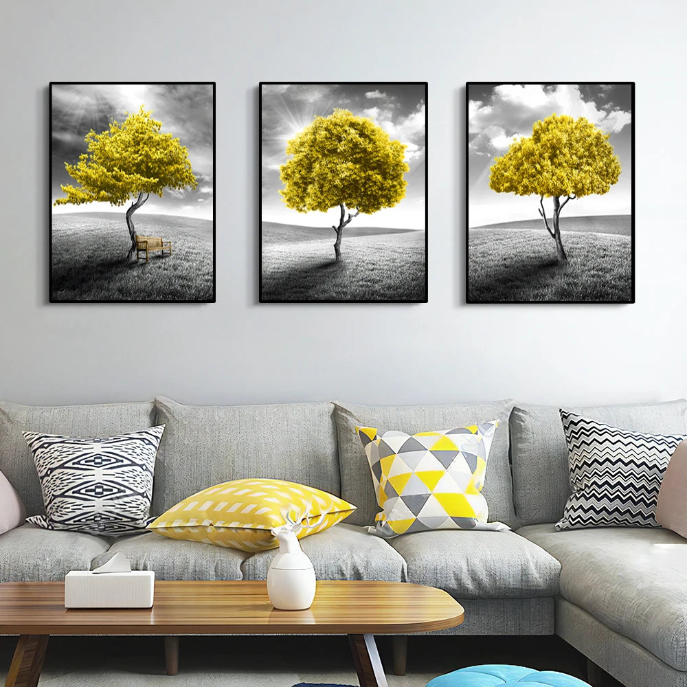 Three-piece abstract yellow tree canvas wall art