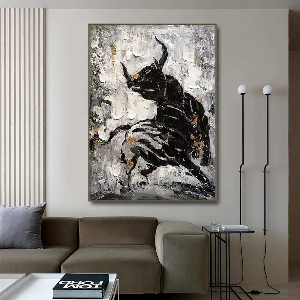 Black and white abstract bull canvas wall art