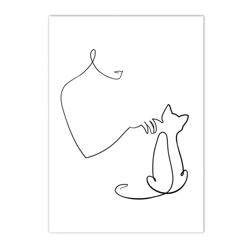 minimalist black and white cat and dog line art canvas wall art