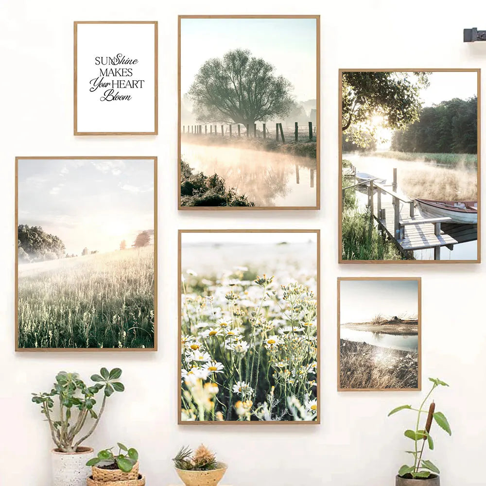 spring lake sunrise with reed grass and tree Nordic canvas wall art