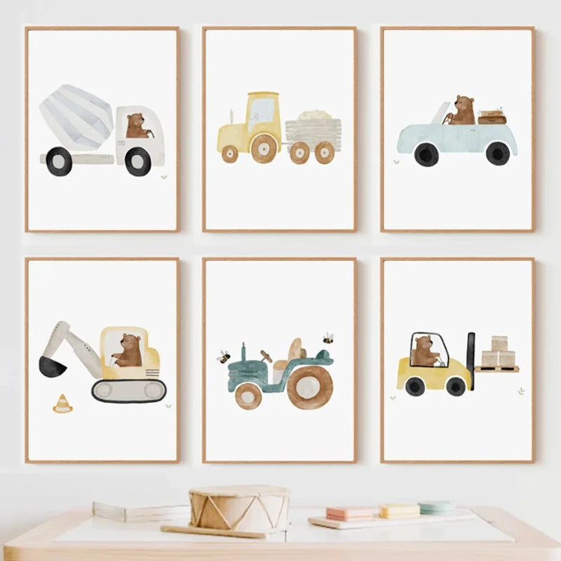 Cartoon Bear Construction Vehicle Canvas Art