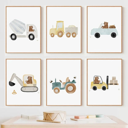 Cartoon Bear Construction Vehicle Canvas Art