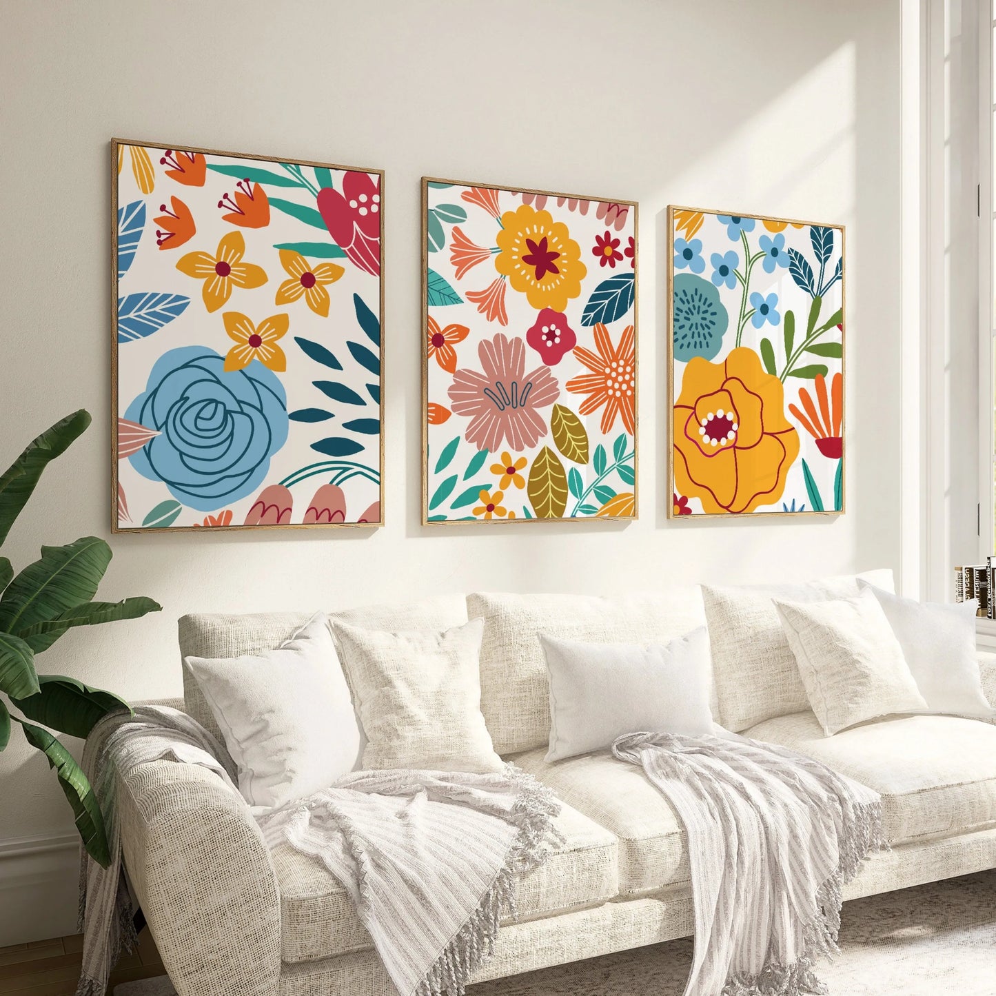 Three-piece colorful boho floral abstract canvas wall art