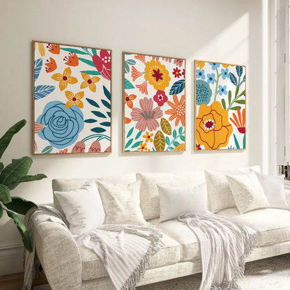 Three-piece colorful boho floral abstract canvas wall art