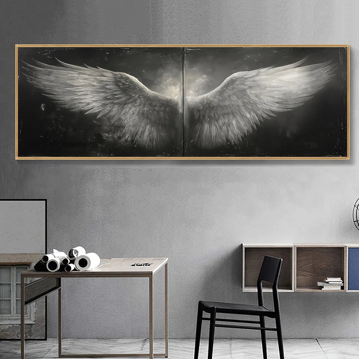 retro black and white angel wings canvas wall art