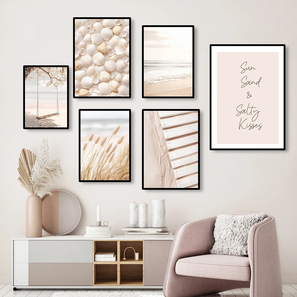 beach sunset with seagull and bridge with beige reeds Nordic canvas wall art