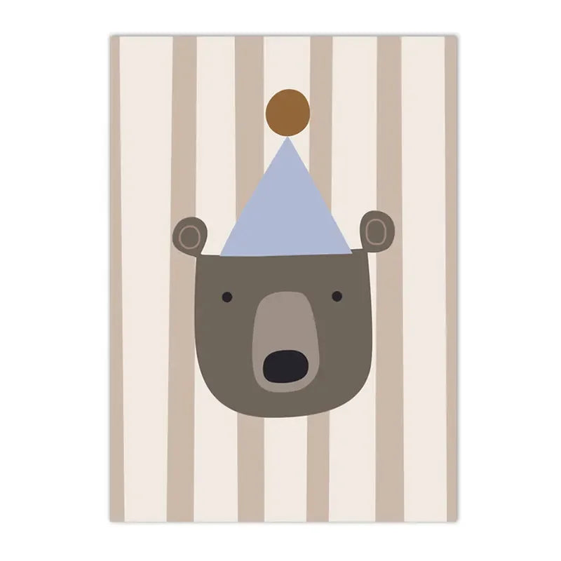 kids boho canvas with turtle bear cat lion and dinosaur under a rainbow