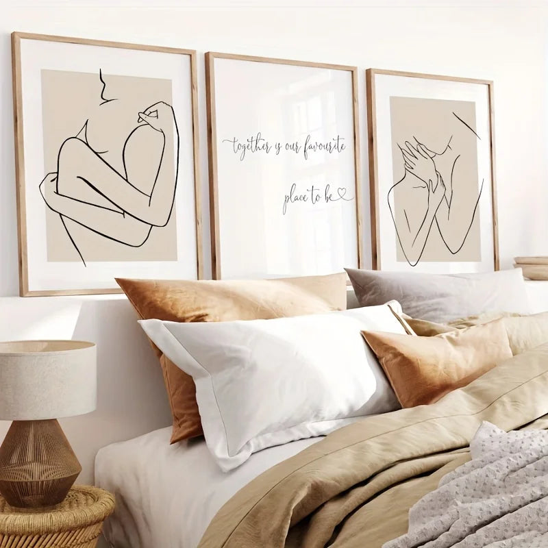 three piece beige one line couple romantic quote canvas set