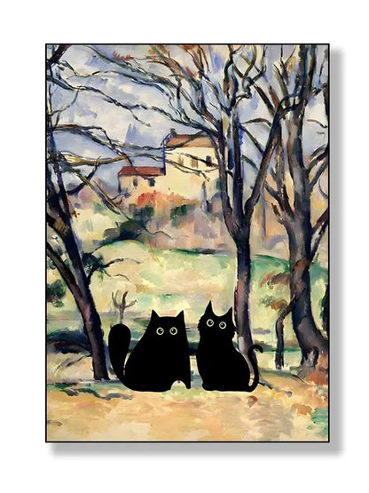 black cat with impressionist water lilies canvas wall art