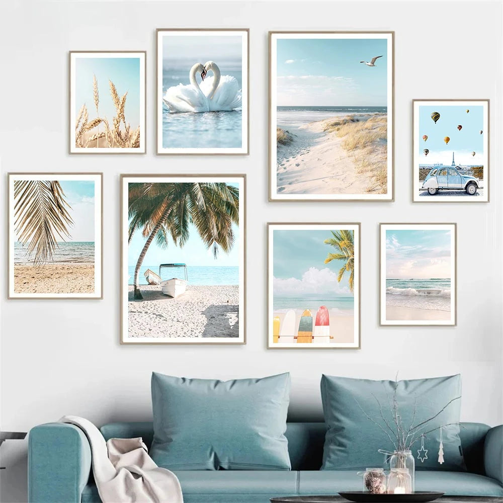 swan with surfboard under coconut tree tropical beach canvas wall art