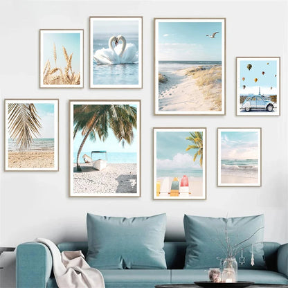 swan with surfboard under coconut tree tropical beach canvas wall art