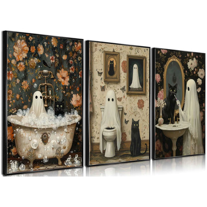 three piece bathroom canvas with ghost and black cat in a bathtub