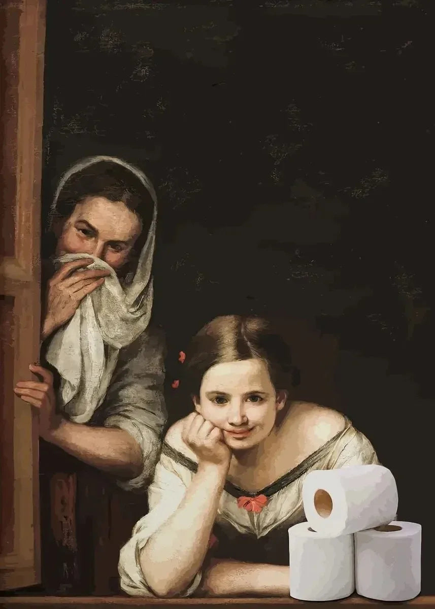 funny bathroom canvas with Mona Lisa and Girl with a Pearl Earring toilet-paper gag