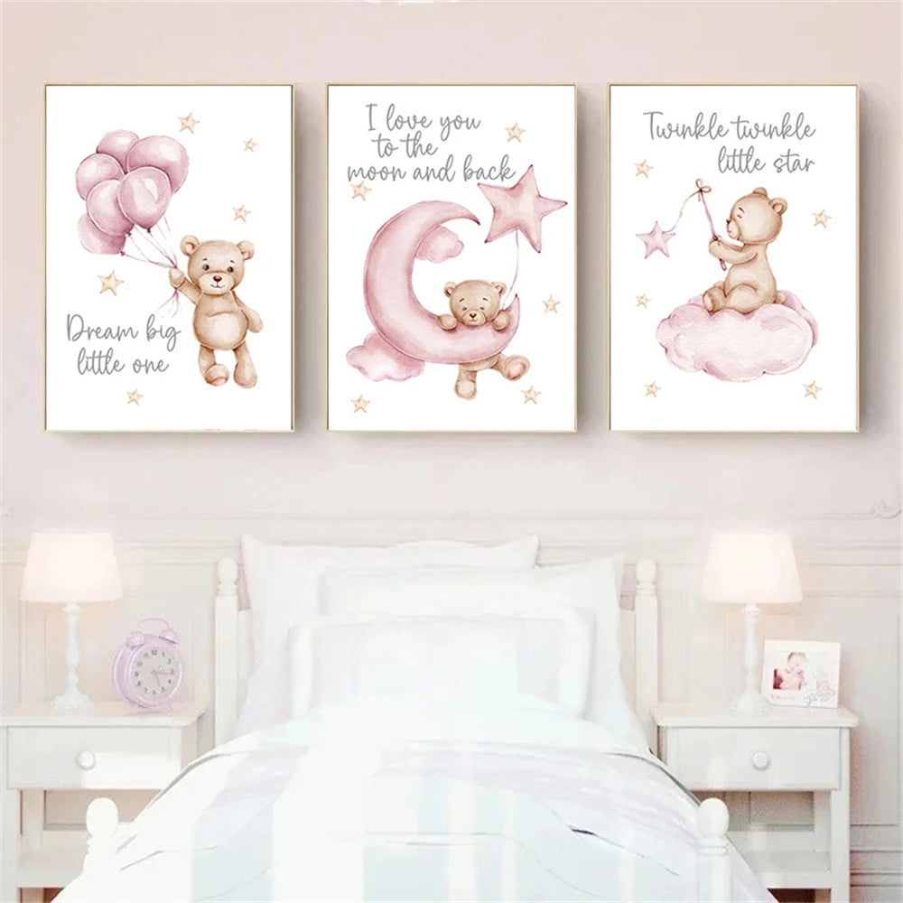 pink cartoon star moon bear nordic nursery canvas