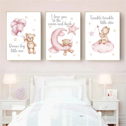 pink cartoon star moon bear nordic nursery canvas